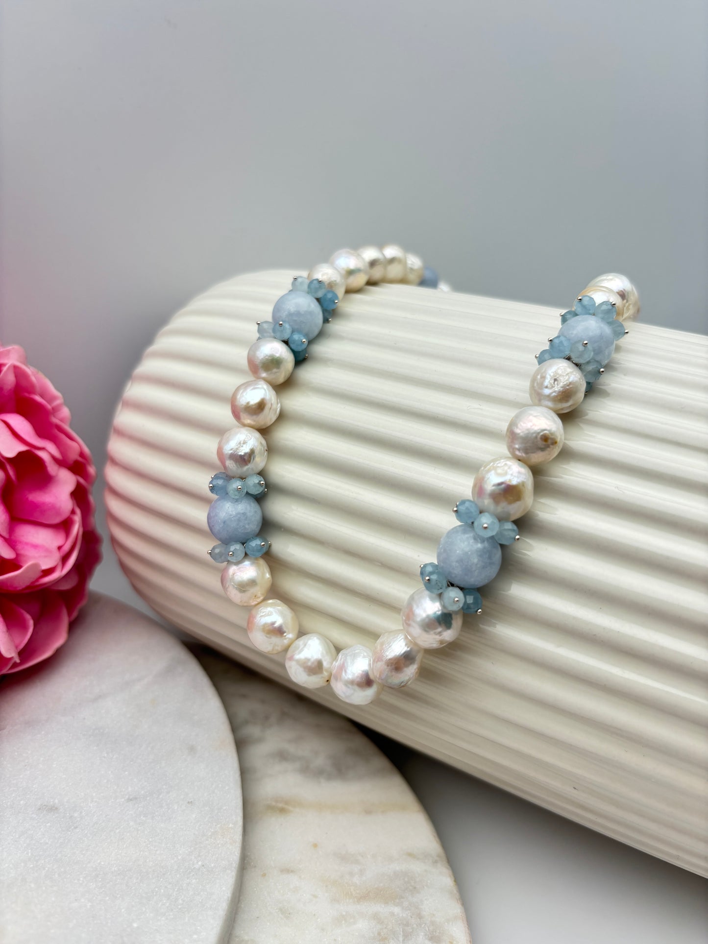 Süßwasserperlen, Aquamarin, Sterlingsilber S925