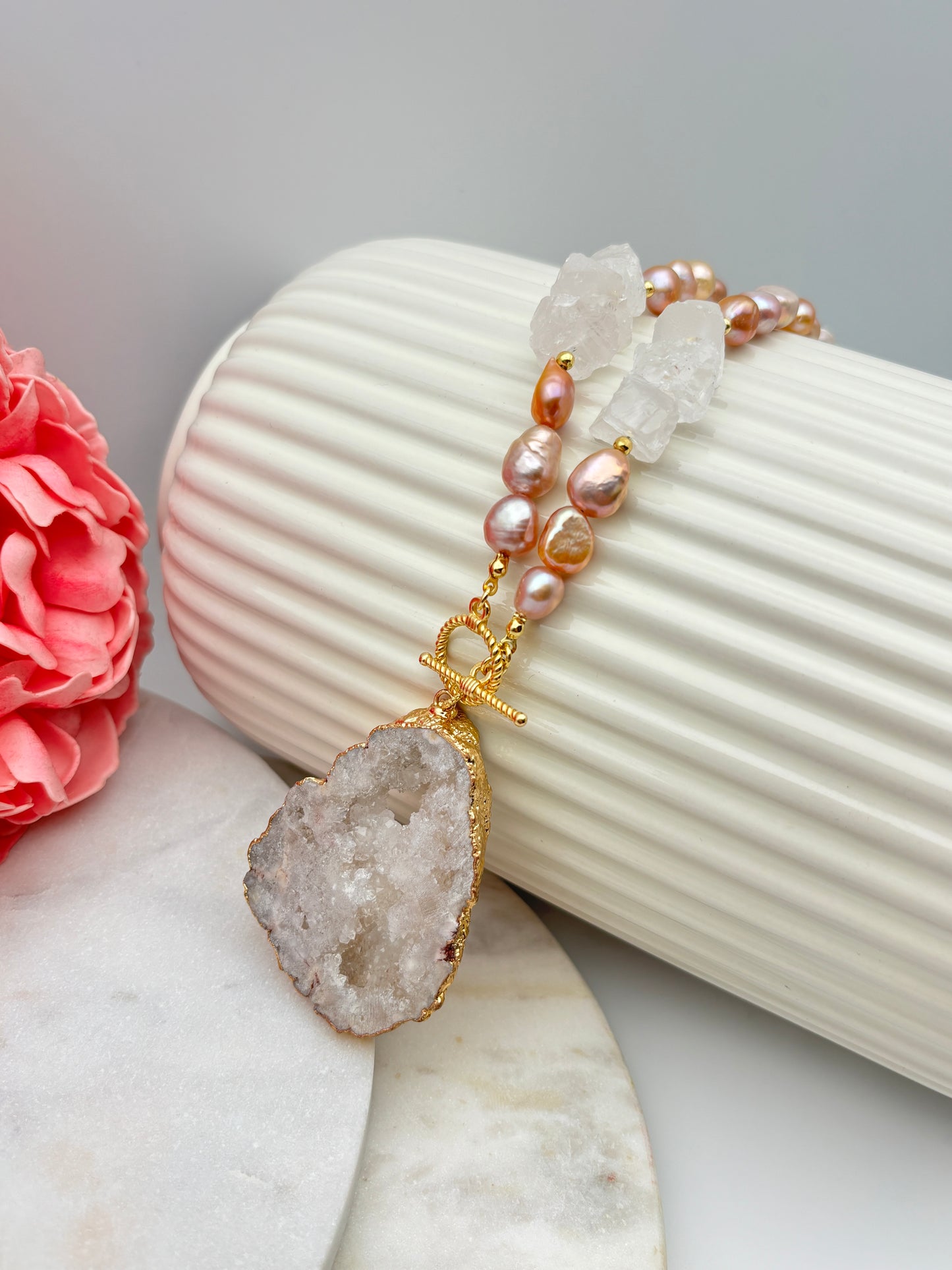 Süßwasserperlen, Quarz, Achat, Sterlingsilber S925/18K vergoldet