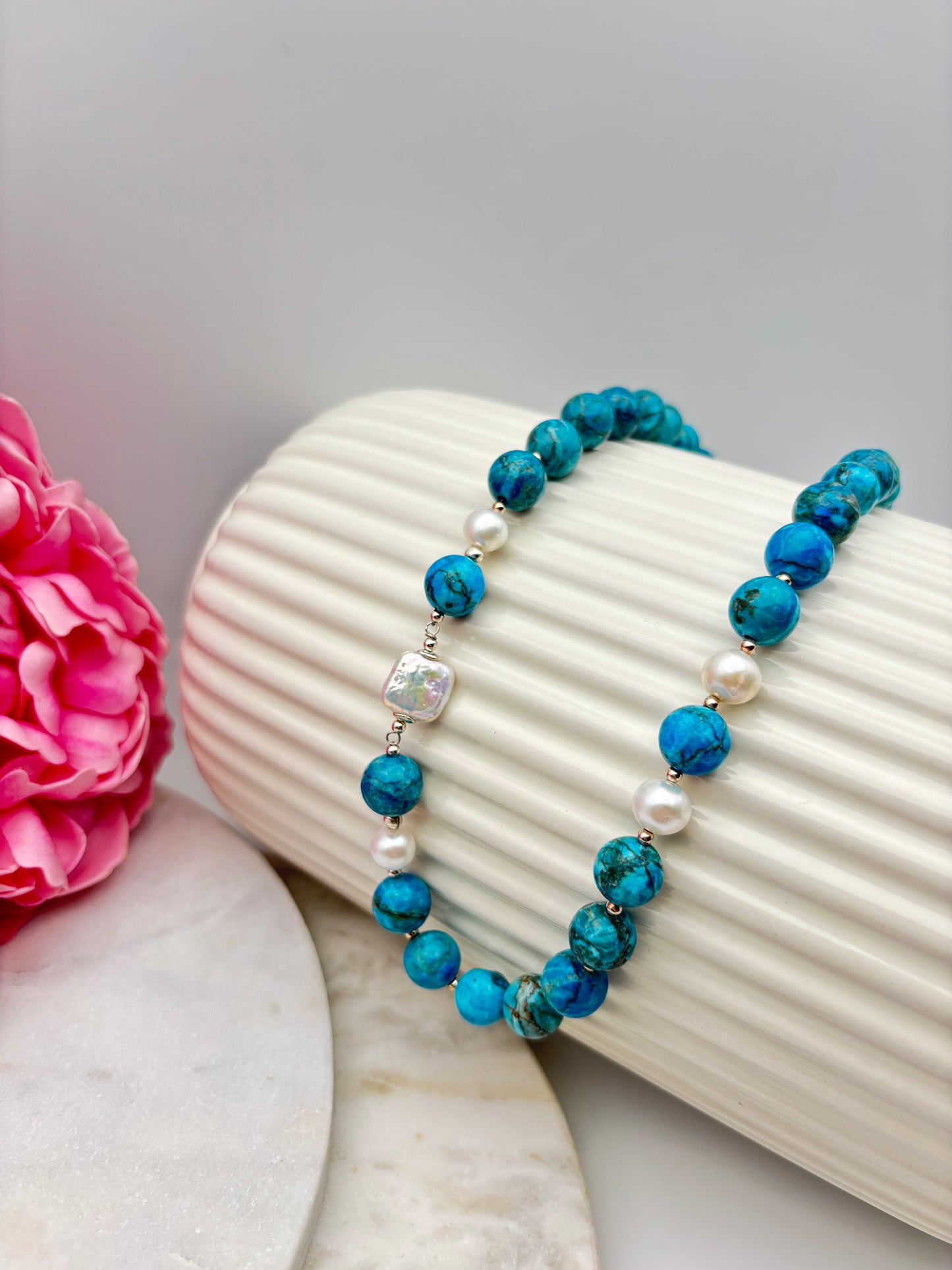 Türkis, Süßwasserperlen, Sterlingsilber S925