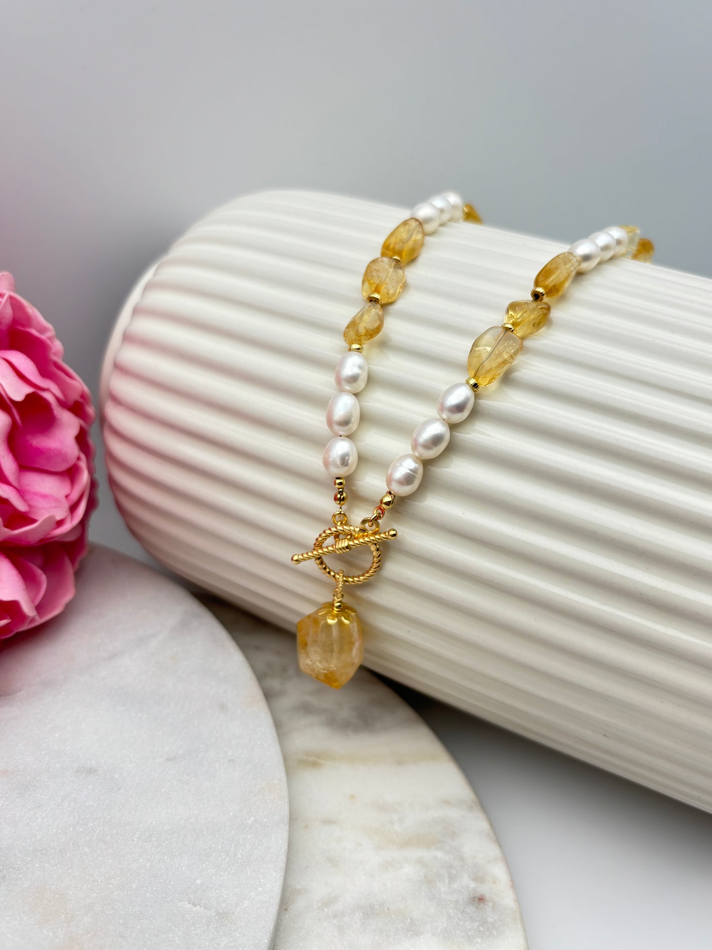 Citrin, Süßwasserperlen, Sterlingsilber S925/18K vergoldet