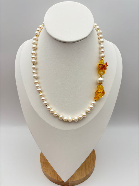 Süßwasserperlen, Zirkonia, Bernstein, Sterlingsilber S925/18K vergoldet