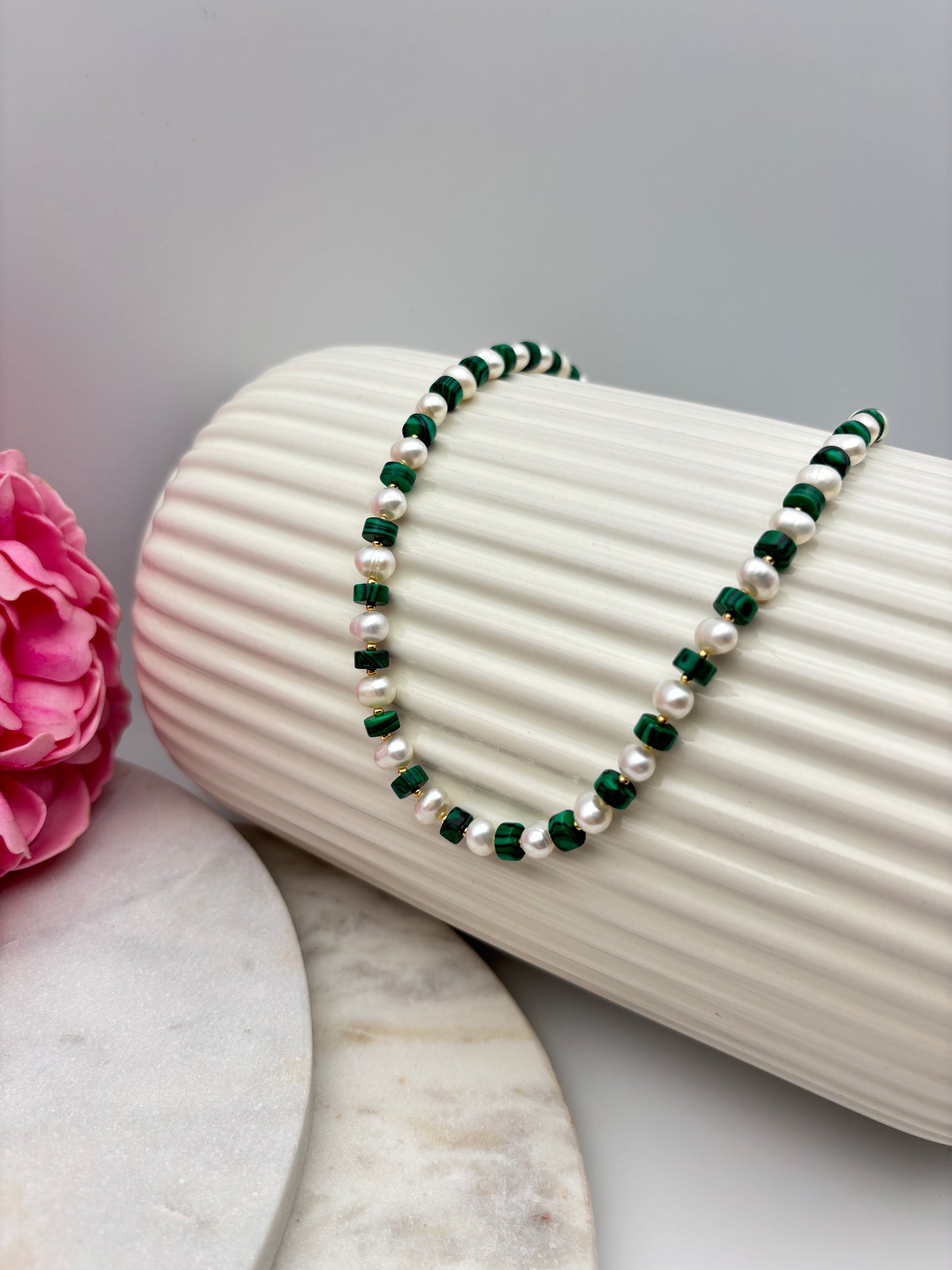 Süßwasserperlen, Malachit, Sterlingsilber S925/18K vergoldet