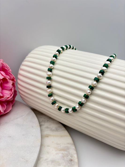 Süßwasserperlen, Malachit, Sterlingsilber S925/18K vergoldet