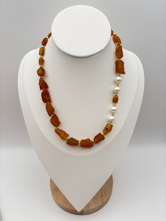 Bernstein, Süßwasserperlen, Sterlingsilber S925/18K vergoldet