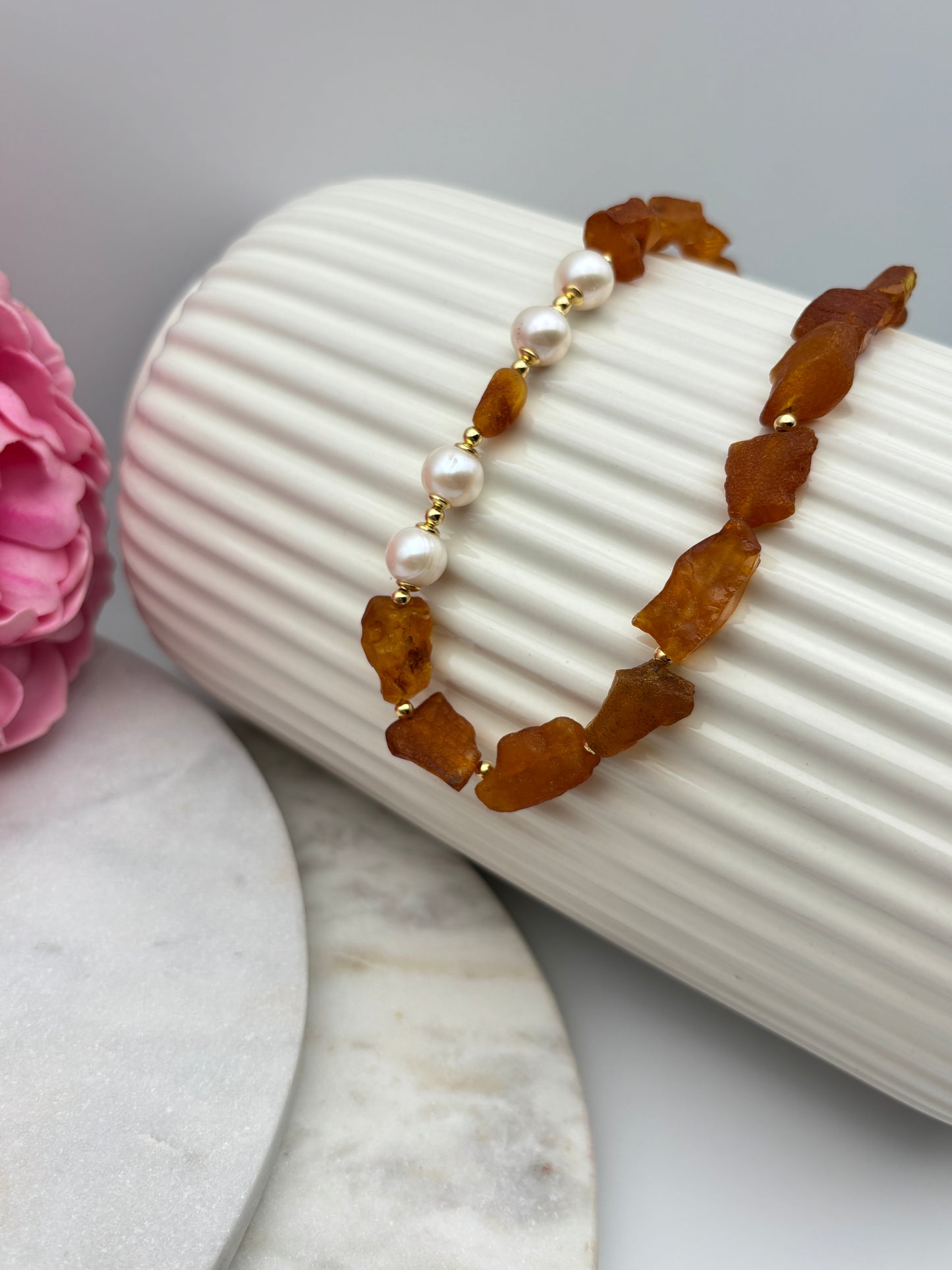Bernstein, Süßwasserperlen, Sterlingsilber S925/18K vergoldet
