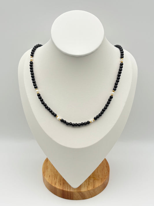 Schwarzer Achat, Süßwasserperlen, Sterlingsilber S925/18K vergoldet