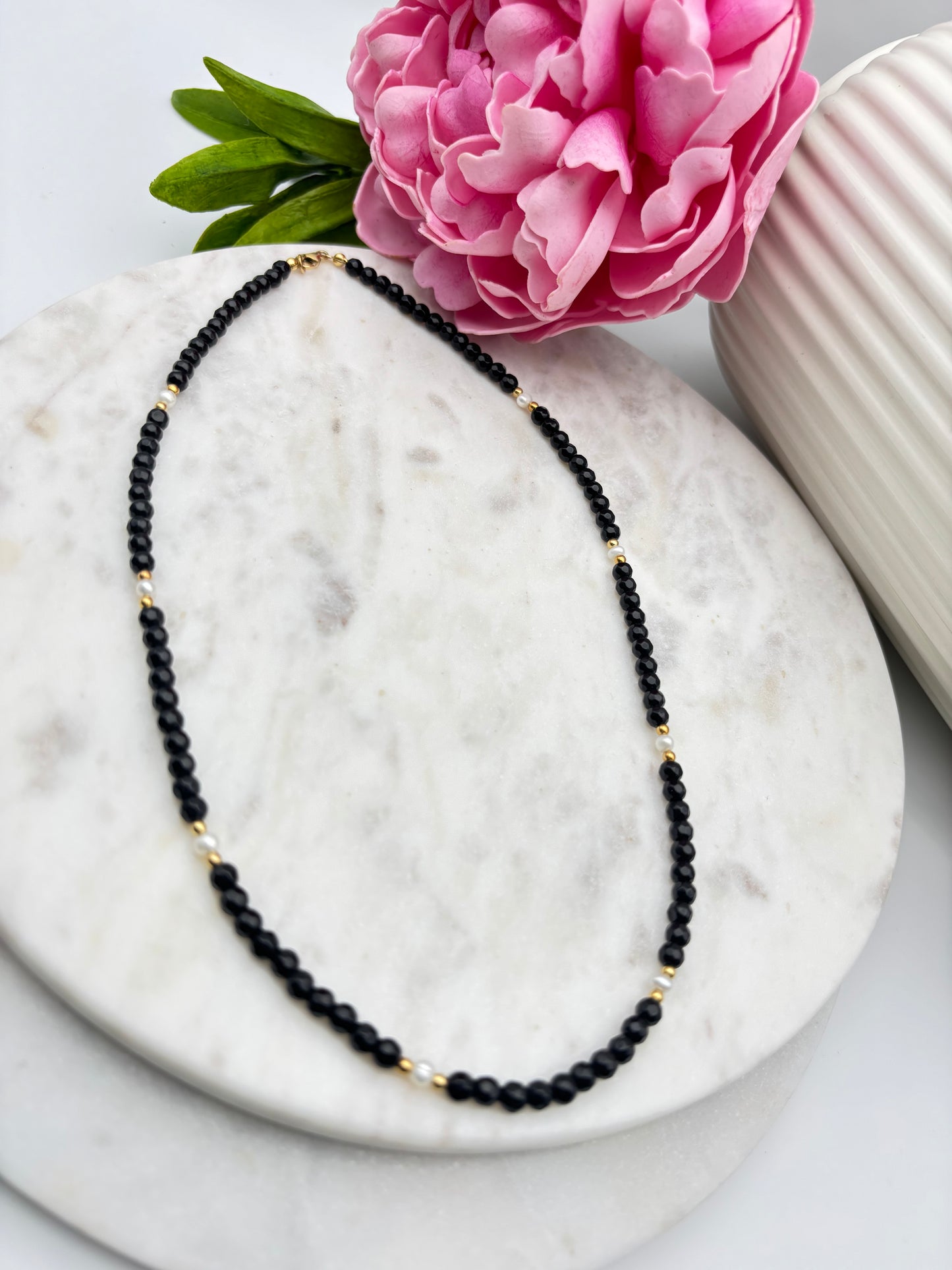 Schwarzer Achat, Süßwasserperlen, Sterlingsilber S925/18K vergoldet